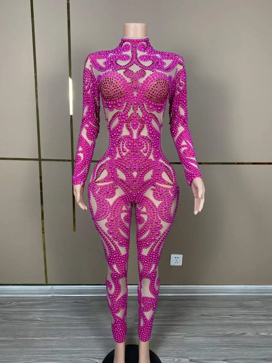 Rose Red Full Rhinestone Jumpsuits For Women Dance Drag Queen Costume Stretch Pole Clubwear Las Vegas Showgirl One Piece Bodycon