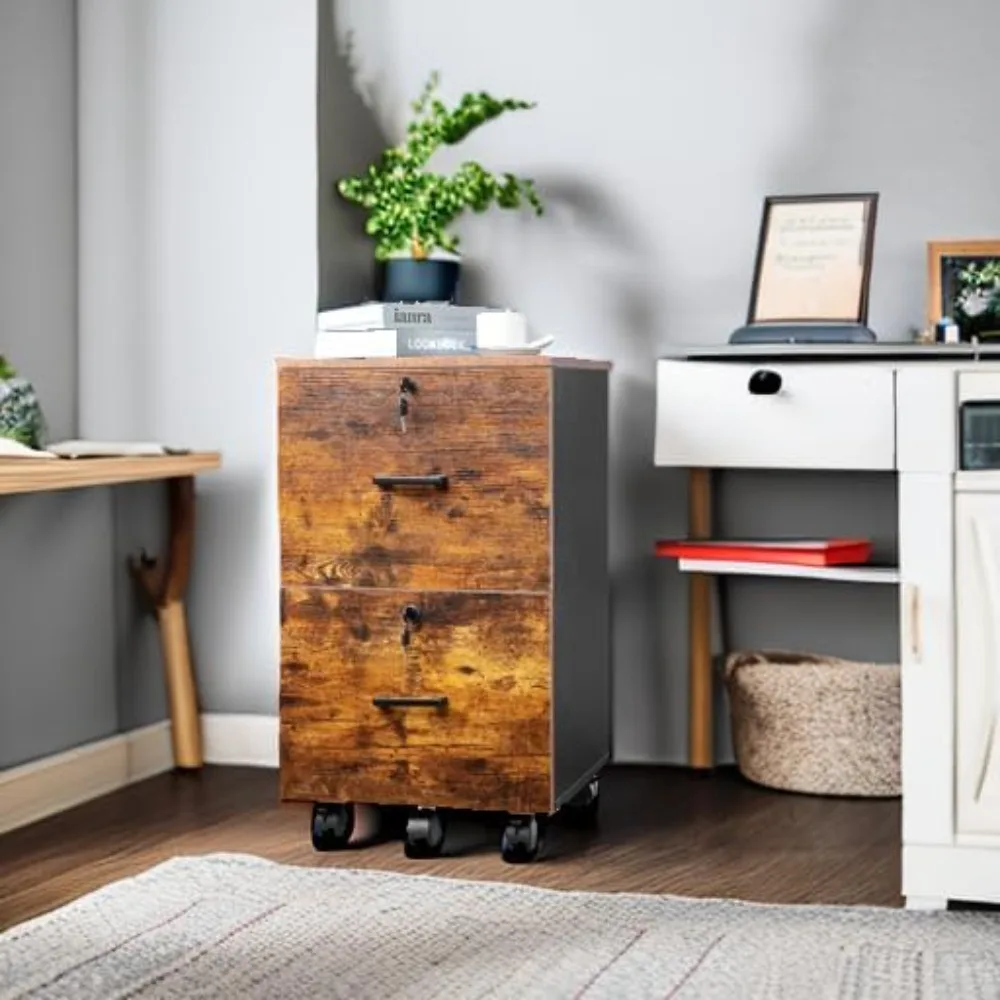 Small Rolling 2-Drawer Wood File Cabinet with Lock, Letter Size Hanging Filing System, Mobile Under Desk Storage Solution
