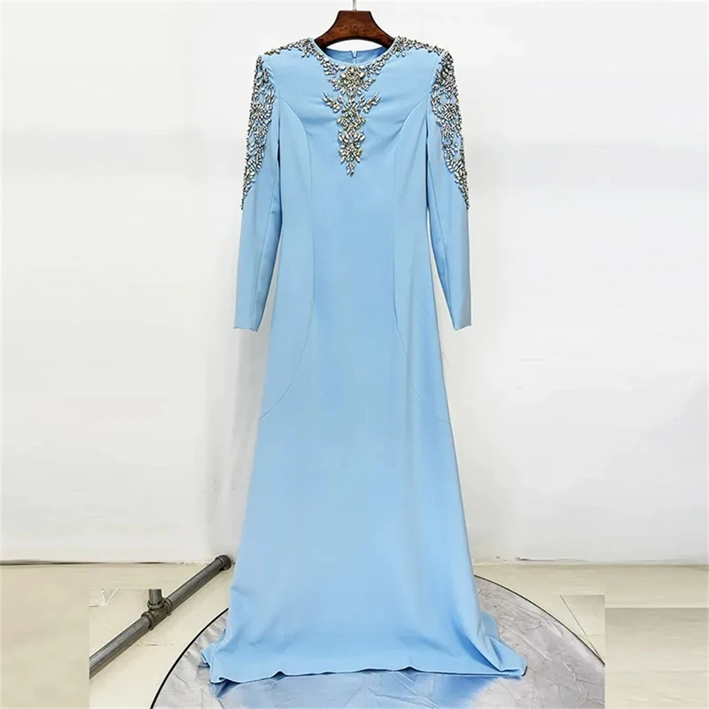 

Contessa Customized Blue Sheath Crew Neck Prom Dress Long Sleeve Rhinestones Ramadan dress With Train Elegant robes de soirée