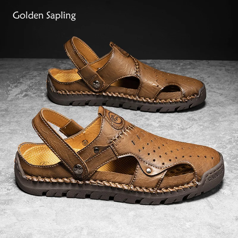 Golden Sapling Men's Summer Shoes Fashion Beach Sandals Retro Style Comfortable Leather Flats Leisure Shoe for Men Casual Sandal