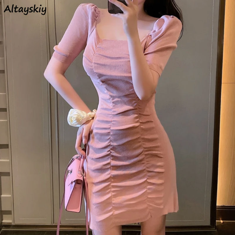 

French Style Square Collar Folds Knitted Dress Women Slim Short Puff Sleeve Temperament Fashion Sexy Solid Female Vestidos Young