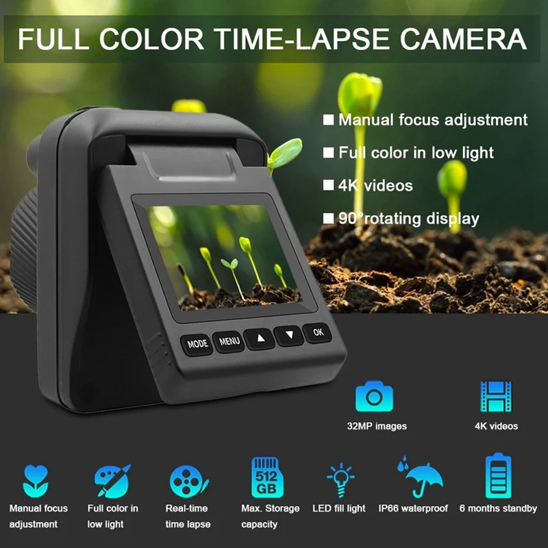 Outdoor Time Lapse Camera 32MP Waterproof Timelapse Camera Recorder With 90 Degree Rotating Screen 6 Months Battery Life