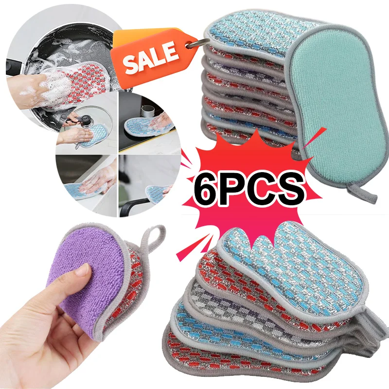 2/6PCS Double Sided Scouring Pad Reusable Microfiber Dishwashing Sponges Cloth No Scraping Kitchen Efficient DecontaminationTool