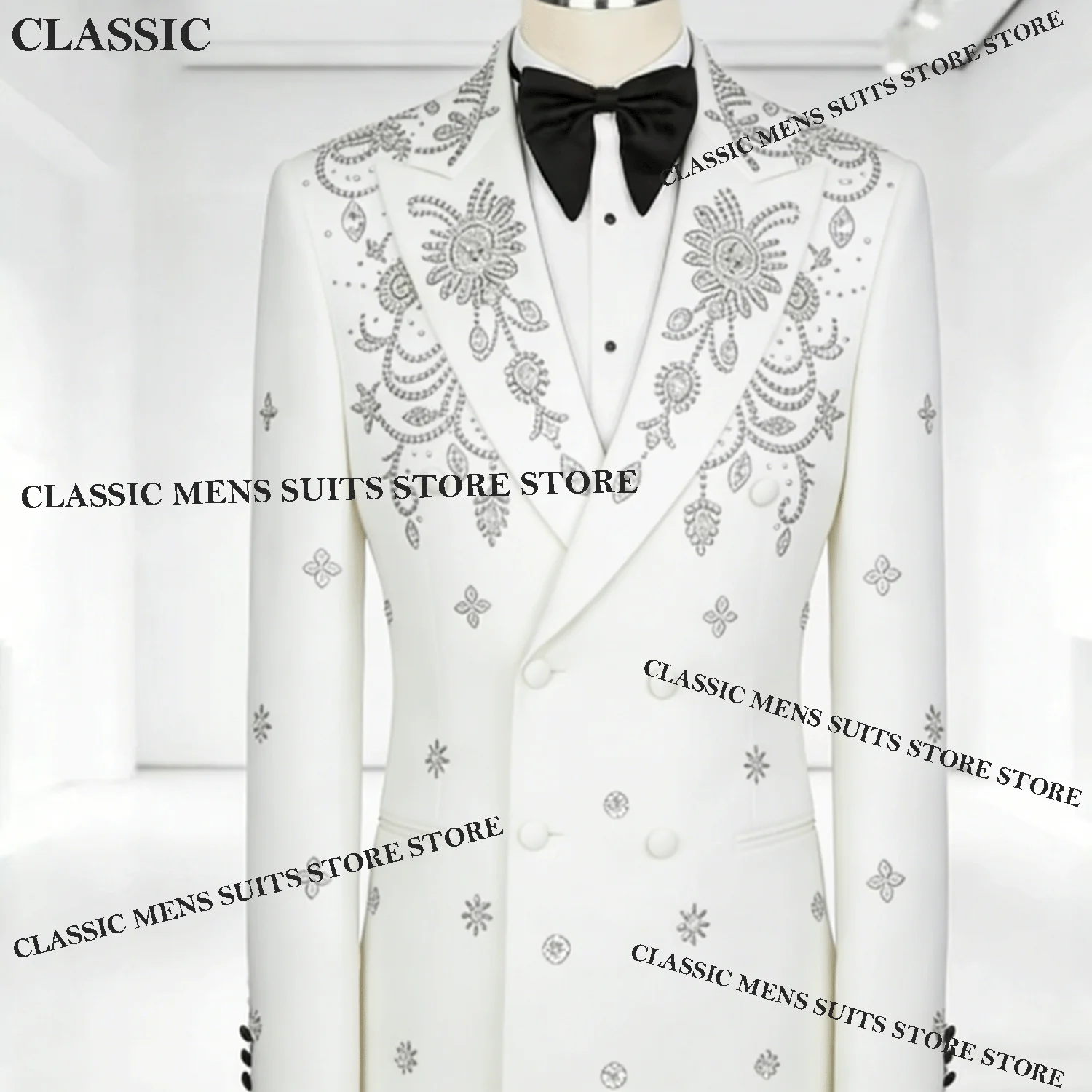 

Customized Diamond Men Suits High Quality Double Breasted Gem Evening Tuxedos Slim Ropa hombre 2 Pieces Sets Groom Male Blazers