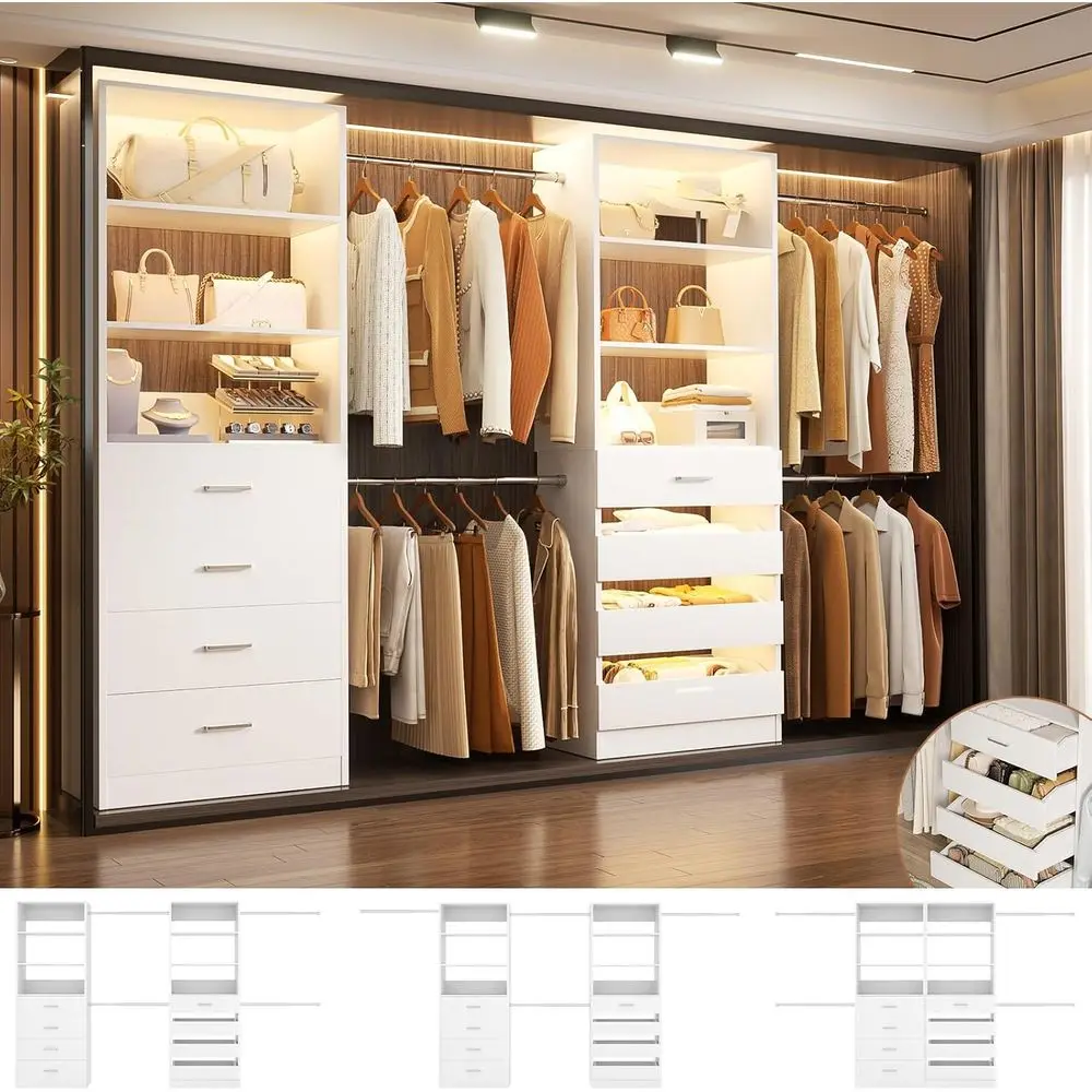 

6-15ft Wooden Tower Closet Organizer with 8 Shelves, 4 Hanging Rods, White Walk-in Wardrobe System