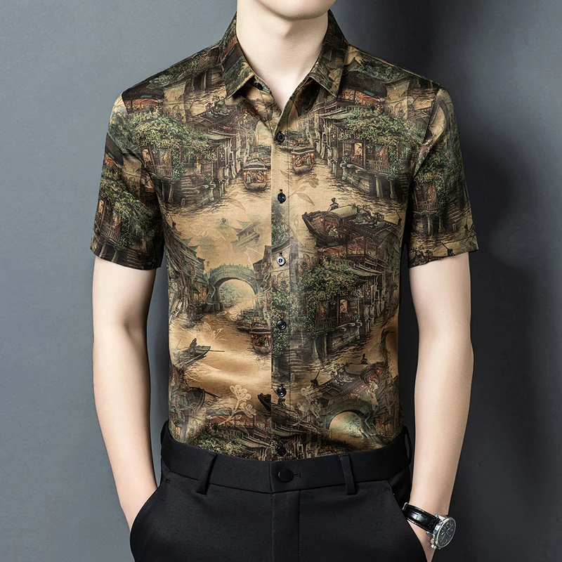 Exquisite Print Shirts For Men Geniune Silk 100% Short Sleeve Summer High-Quality Gambiered Canton Gauze Satin Camisas De Hombre