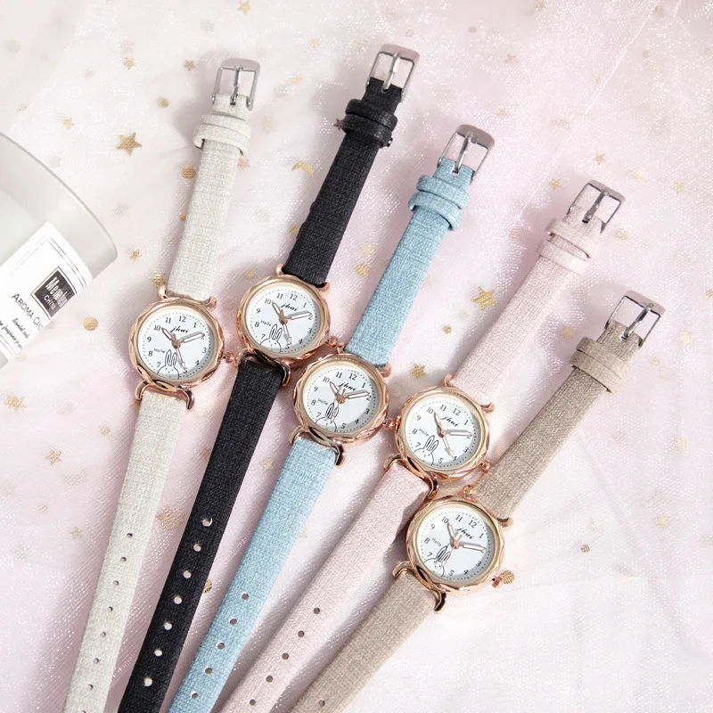 New Fashion Students Rabbit Watch Women Striped Grid Leather Casual Quartz Watches Ladies Wrist Watches For Gifts Reloj Mujer