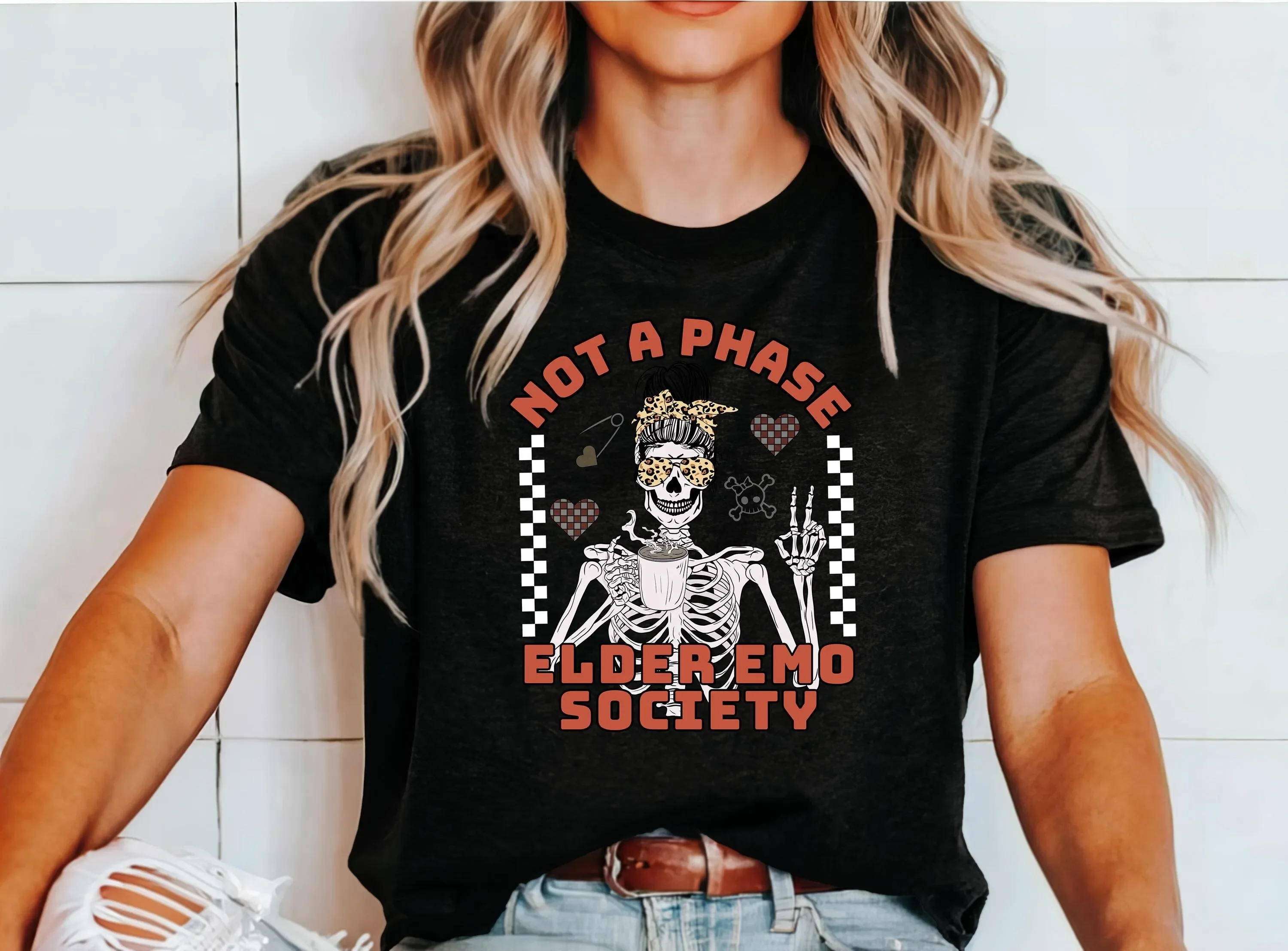Elder Emo Society T Shirt Not A Phase Skeleton Drinking Coffee In My Mom Era