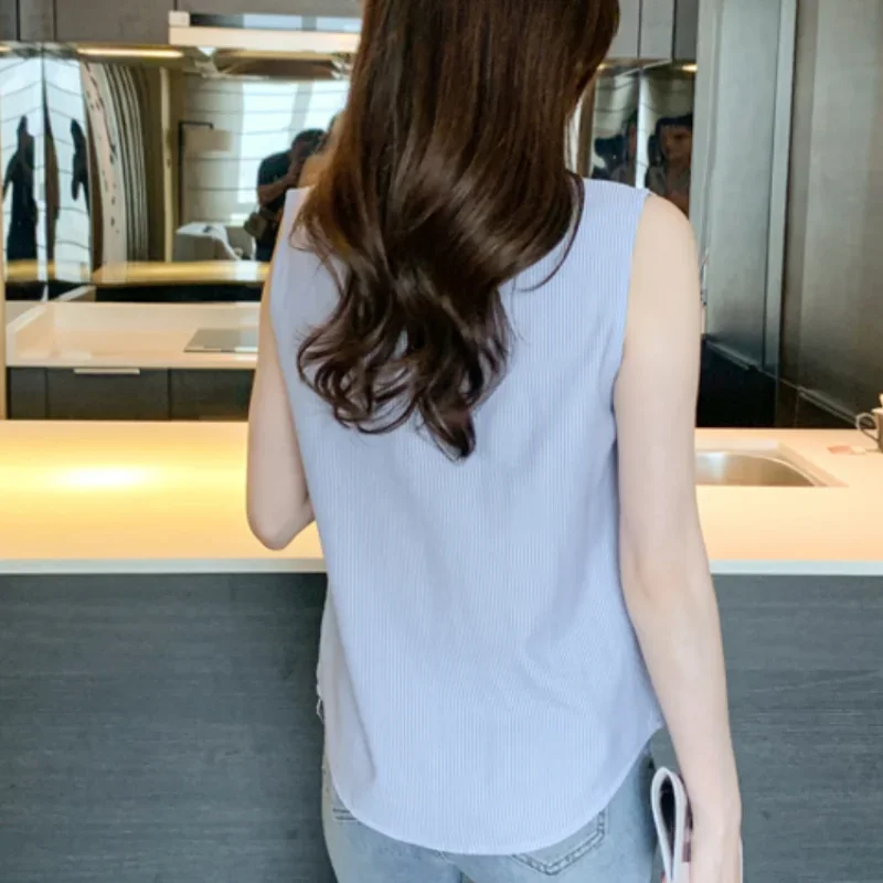 Fashion Summer Blouses for Women Stripe Womens Tops Shirt Chiffon Sleeveless Womens Blouses Basic Clothes for Women Sexy Blouse