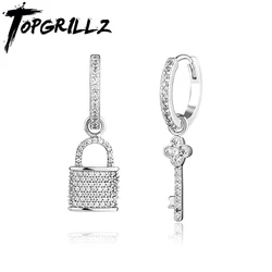 TOPGRILLZ 2022 New Couple Earrings Lock & Key Drop Earrings Iced Micro Pave Cubic Zirconia Earrings Hip Hop Jewelry For Gift