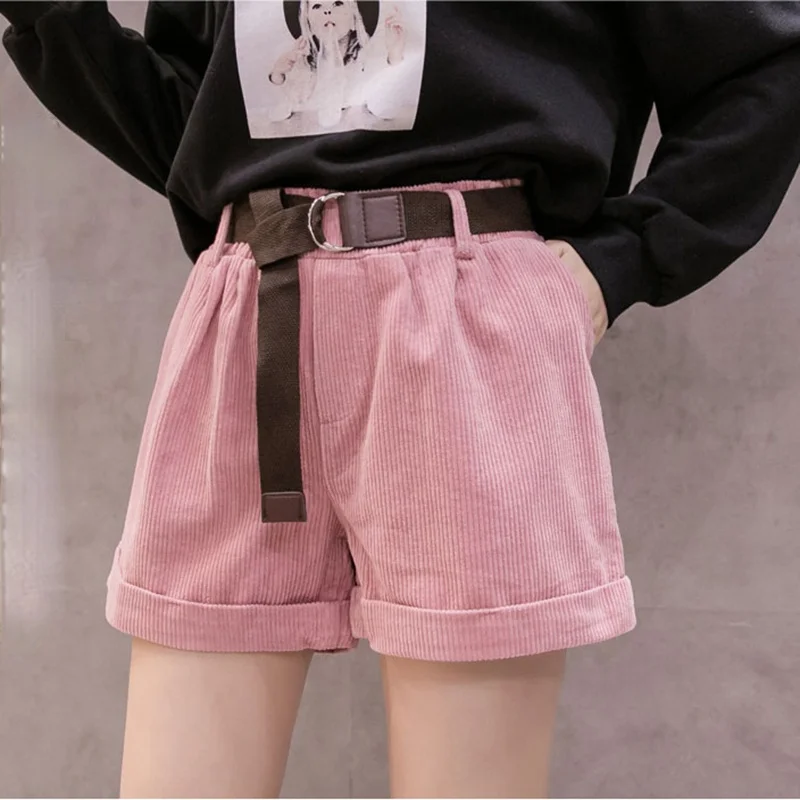Korean Retro Elastic Waist Loose Casual Short with Belt Corduroy Rolled Wide-leg Short for Women Loose A-line Female Streetwear