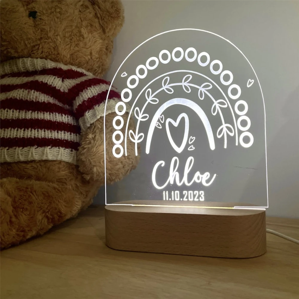 Personalisiertes Regenbogen-Einhorn, LED, USB, 7-Farben-Nachtlicht, individueller Name, Acryllampe, Holzsockel für Baby, Kind, Kinder, Schlafzimmer, Dekoration