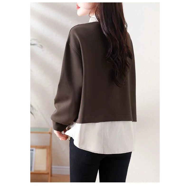 Mode Neue Stil Slim Fit Gefälschte Zwei Stück frauen Pullover Sweatshirt Frühling Herbst Farbe Block Patchwork Casual Vielseitig Top