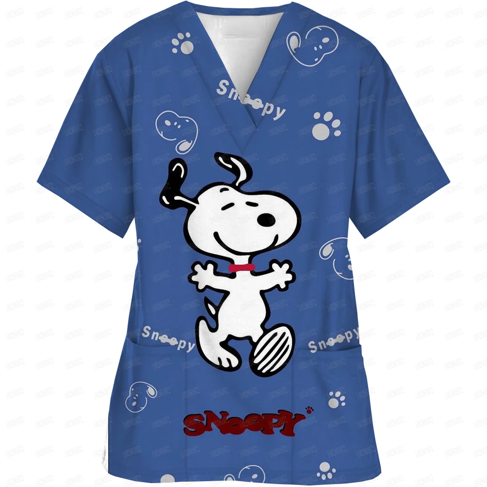 Women's Clothing Snoopy cartoon print V-neck Women's Working Clothes Tops Short Sleeve With Pockets Medical Nurse Uniform ﻿