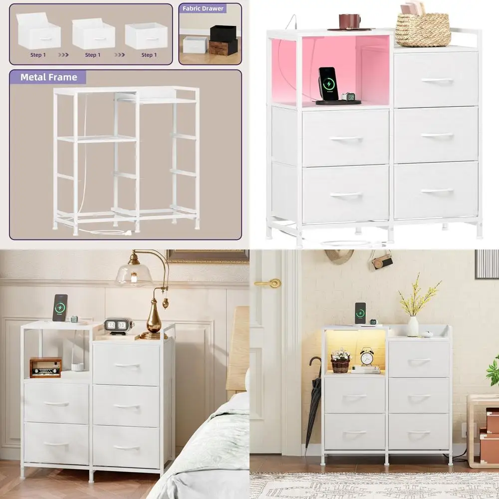 

LED-lit Nightstand with Charging, 5-Drawer Wide Dresser with Fabric Bins for Kids, Dorm, and Guest Rooms