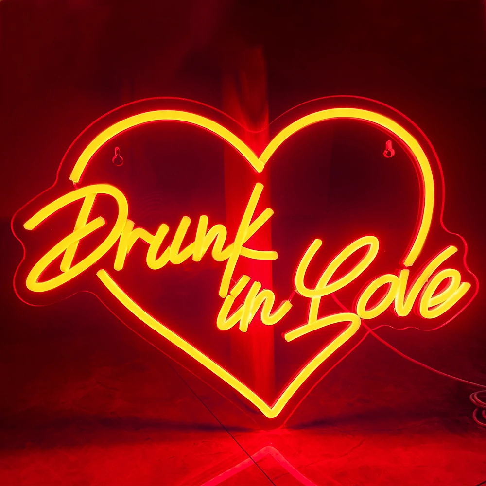 Drunk In Love LED Neon Sign USB Heart Art Wall Lamp Aesthetic Room Decoration For Wedding Home Bars Bedroom Party Accessories