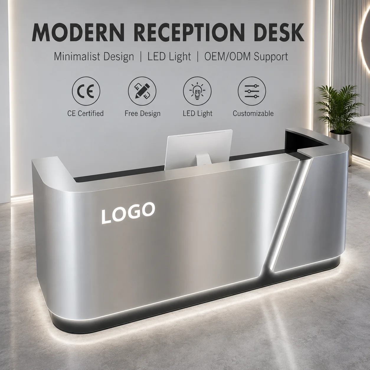 Brushed Stainless Steel Reception Desk Side Recessed LED Light Custom Embossed Logo Cashier Counter For Bar Trendy Boutique
