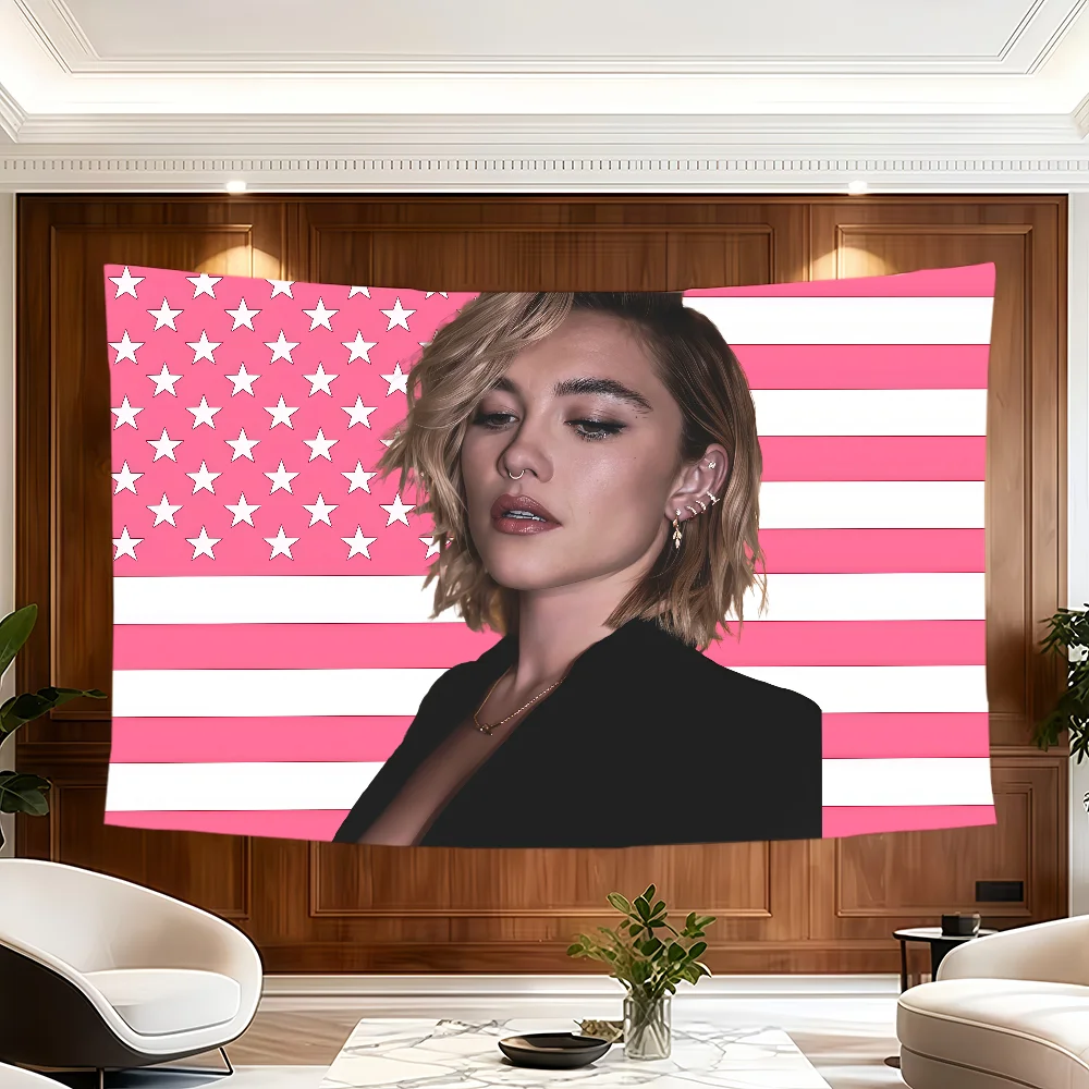 Actress F-Florence Pugh Pink American flag Room Decoration Wall Tapestry Hanging Aesthetic Bedrooms Advertising Banner
