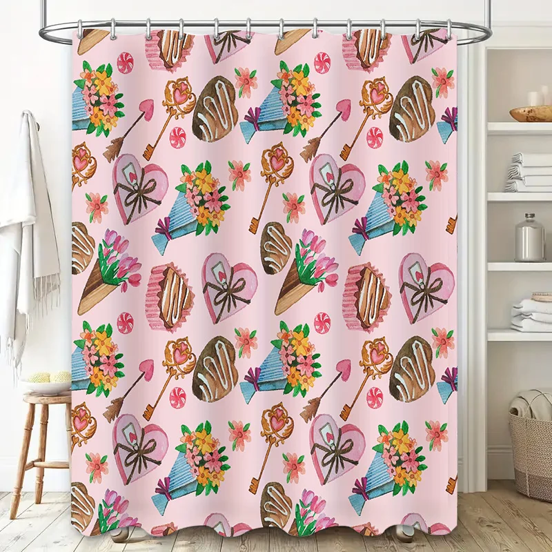 Pink Waterproof Shower Curtains with Candy PatternDecorate Your Bathroom in Style!