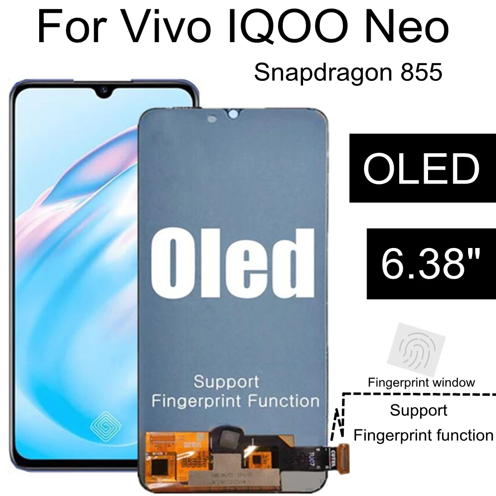 

6.38 OLED For VIVO IQOO ENO Snapdragon 855 / Y7S LCD Display Touch V1936A V1936T Screen Assembly Replacement Accessory