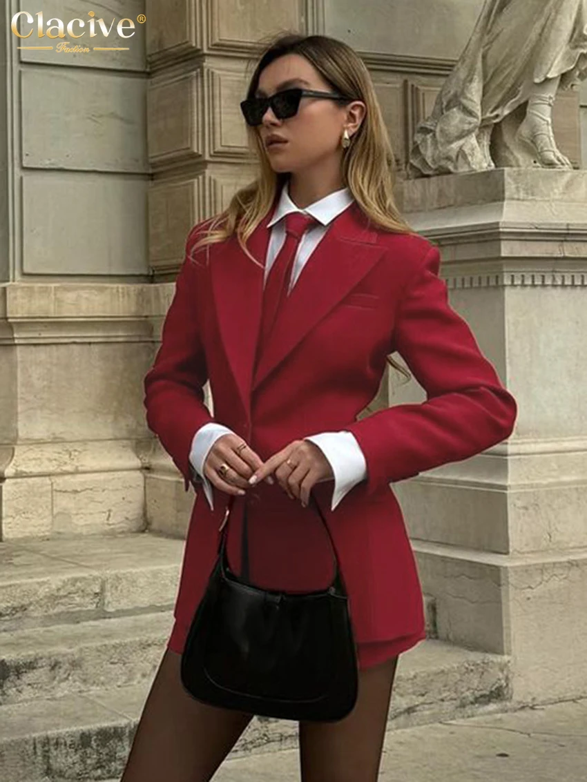 Clacive Fashion Loose Red Office Shorts Sets For Women 2 Pieces Elegant Long Sleeve Blazer With High Waist Shorts Set Female