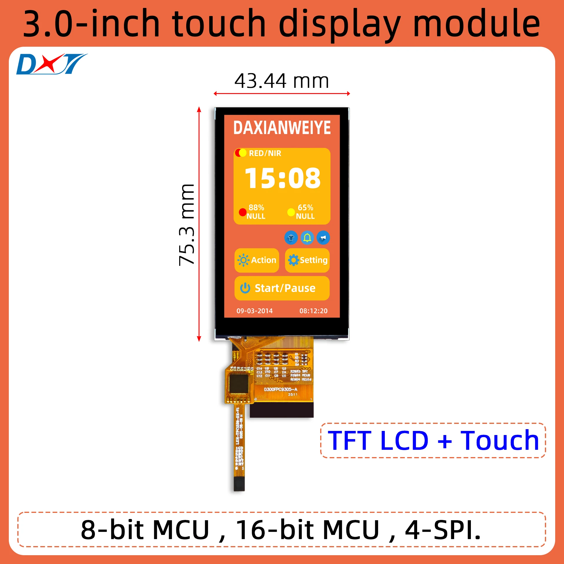 3.0インチLCDタッチスクリーンモジュール,3インチ液晶,解像度240*400のインターフェイス,mcu互換,8ビット/16ビット/spiドライバー,9327 D300FPC9305-A