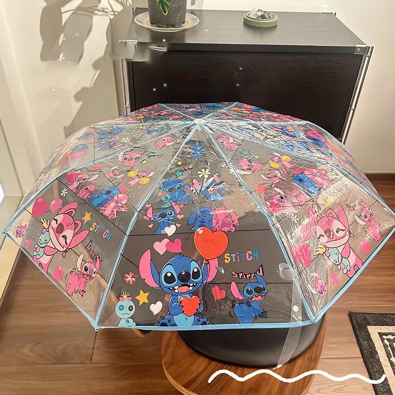 Parapluie pliant Kawaii Stitch, personnage de dessin animé, imperméable, à la mode, Portable, Transparent, cadeau pour garçon et fille
