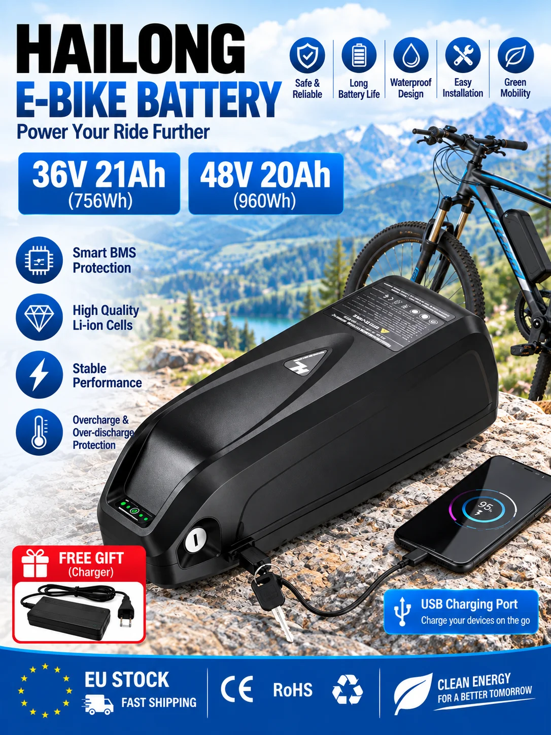 Hailong E-Bike-Akku 36V 21Ah 48V 20Ah Li-Ionen-Akku 30A BMS+5A Ladegerät für Bafang BBS01 BBS02 Elektrofahrrad 300W 450W 500W 750W 1000W EU-Lager Zollfrei Schnelle Lieferung
