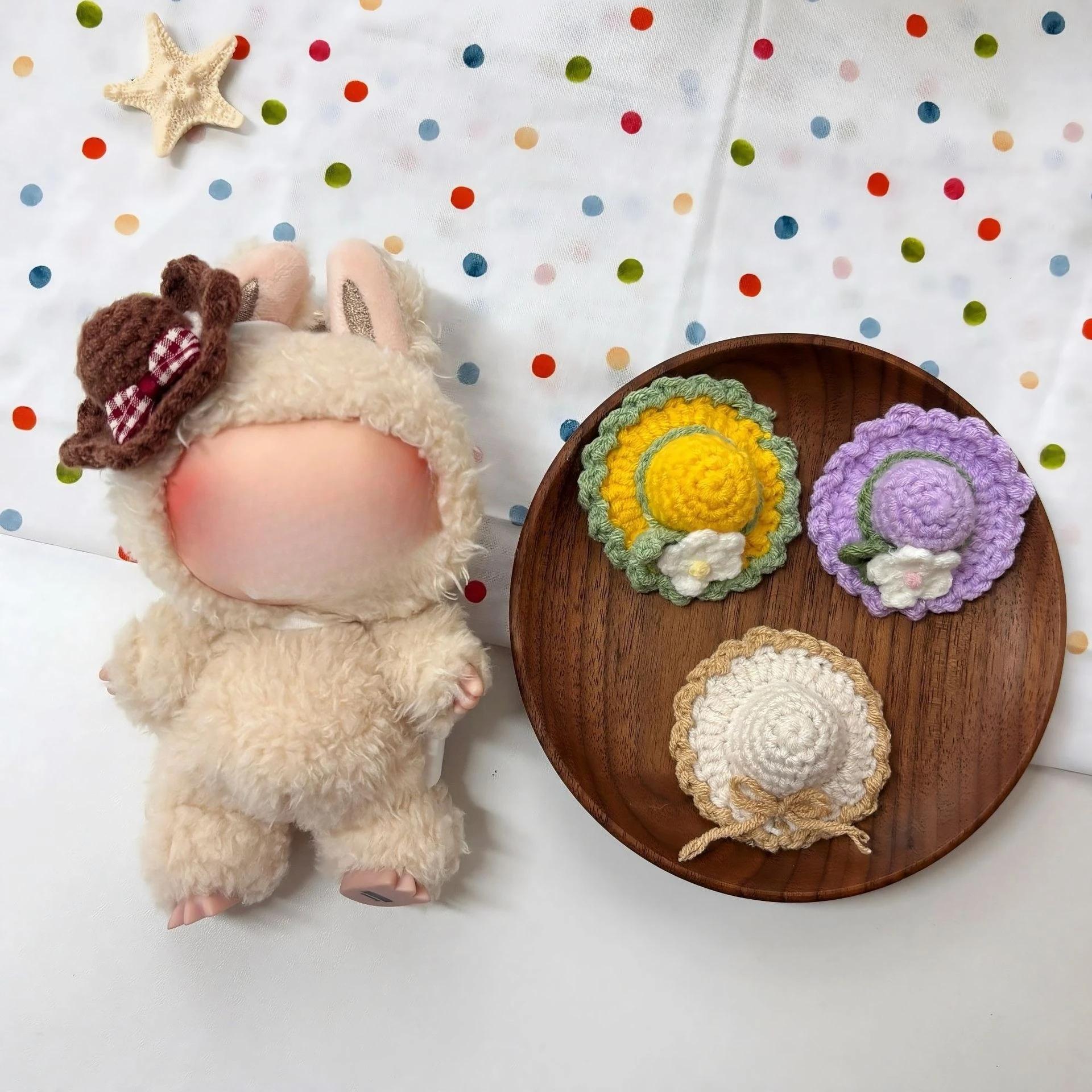 Handmade Crochet Sun Hat Assortment 6 Styles for 10cm Cotton Doll & 13cm Plush Toy Self-Mock Bear Plush Toy Accessories
