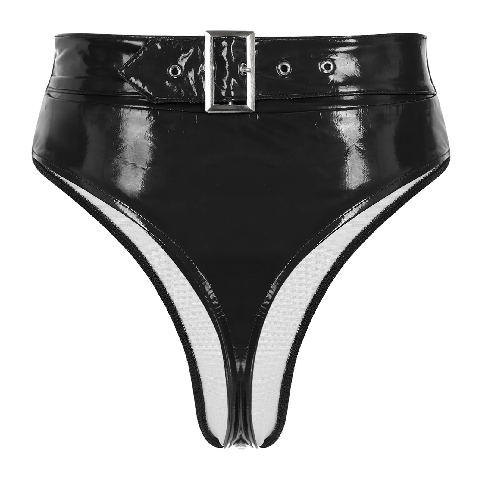 Womens Patent Leather Briefs Underwear High Waist Thong Wet Look Back Adjustable Buckle Belted Panties Pole Dance Rave Clubwear