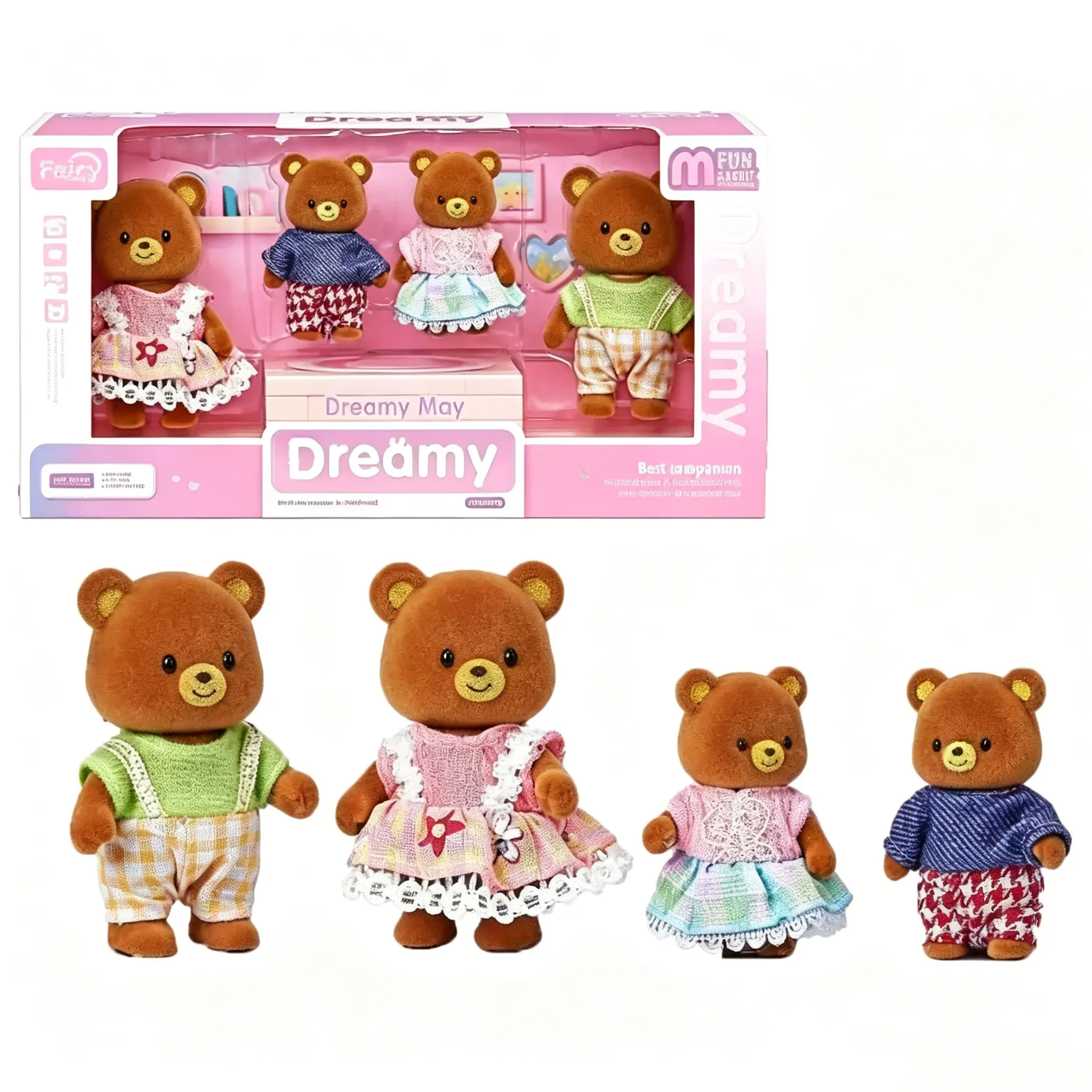 4Pcs Bear Family Doll Set Forest Animal Family Doll Random Outfit Styles Pretend Play Simulation Doll House Role-Play Toys