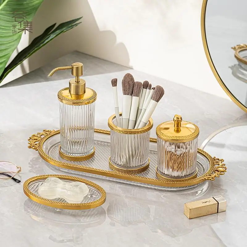 

Luxury Brass Soap Dish, Glass Bathroom Accessories Set, Crystal Lotion Dispenser, Transparent Cotton Swab Holder with Cup