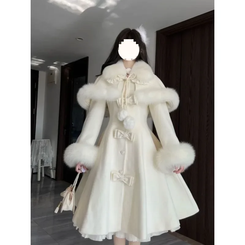 

2025new Ladies' Butterfly Bow Solid Color Medium Long Collar Coat for Women Fashion Temperament Coat Cape Shawl Two on Winter