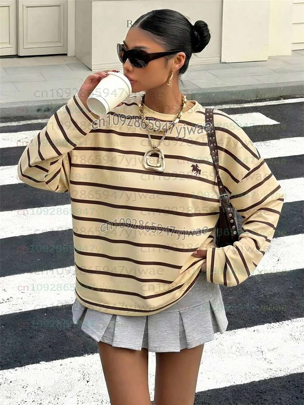 2027 Herbst/Winter Neu Heiß Braun und Blau/Rosa Bunt Gestreiftes Sportliches Colorblock-Print Damen Retro Street Langarm-T-Shirt – Detail 7