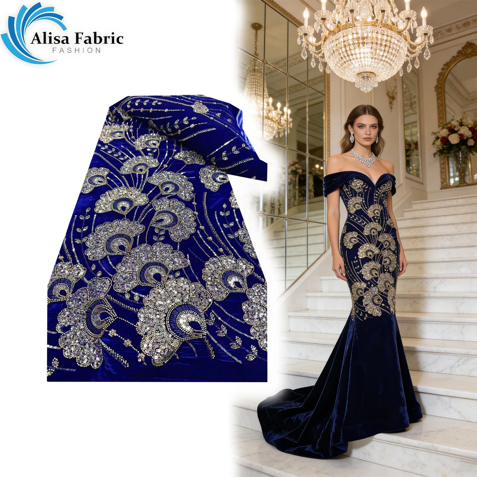 

Высококачественная бархатная ткань с бисерной отделкой, 5 ярдов, для пошива вечерних платьев, ткань для шитья, ткани для кутюр.