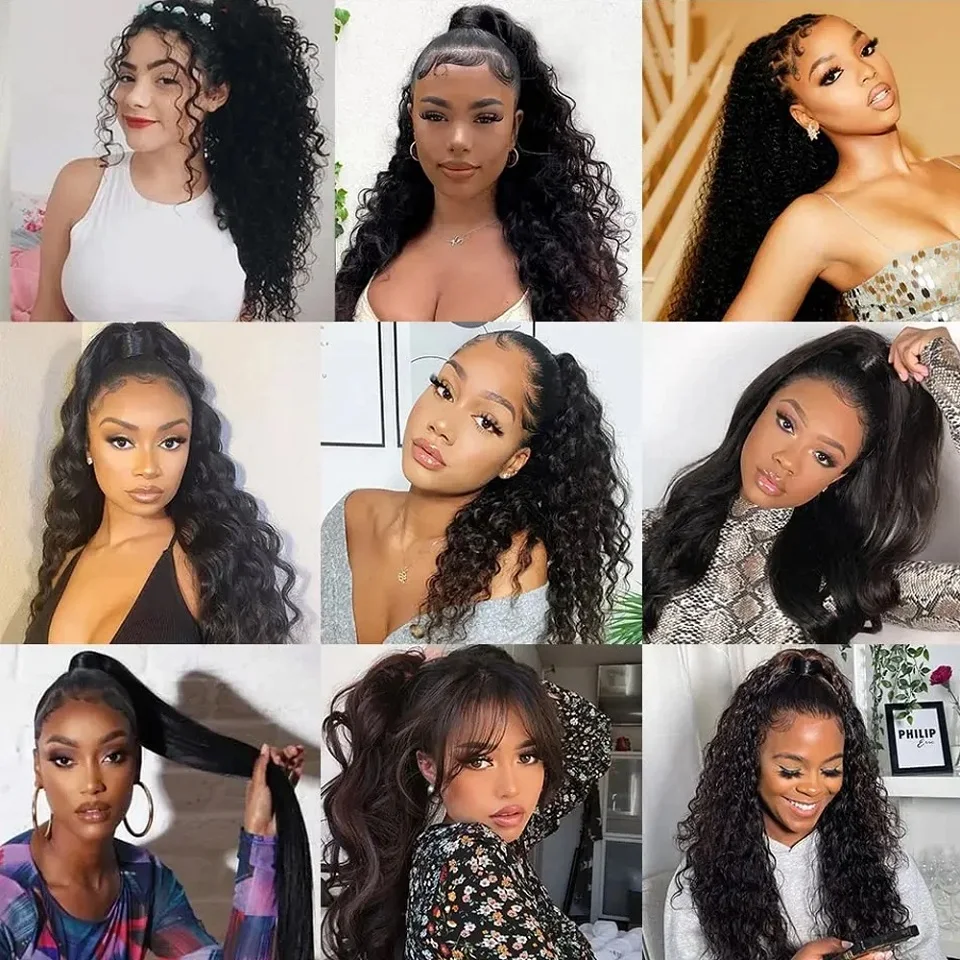 Water Wave Drawstring Ponytail Extension, Human Hair, Curly, Brazilian Virgin, 8-26 Inch
