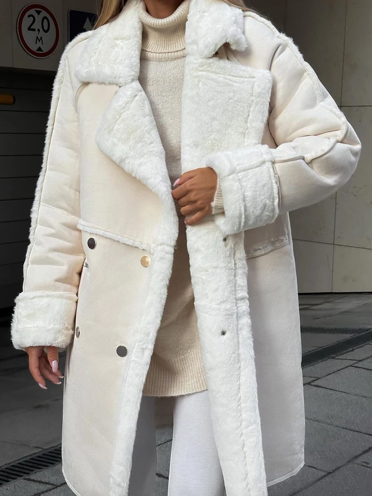 Chaqueta larga de piel sintética para mujer, abrigo de borreguito con solapa de gran tamaño, grueso y cálido, de lana de cordero, informal, Vintage,