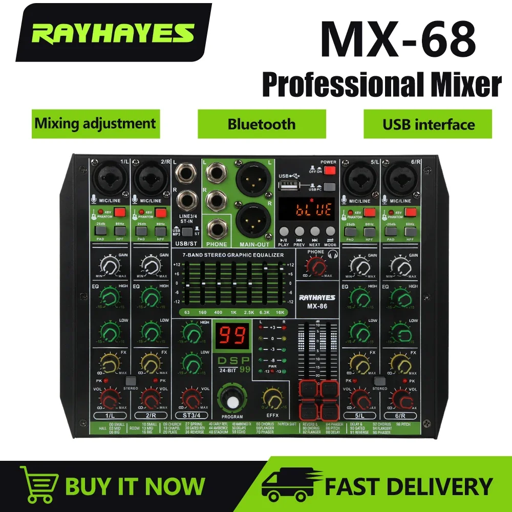 

RAYHAYES MX-68 Professional Audio Mixer Number Digital Audio Bluetooth-compatible Audio Mixer for Phone Gaming Karaoke Studio