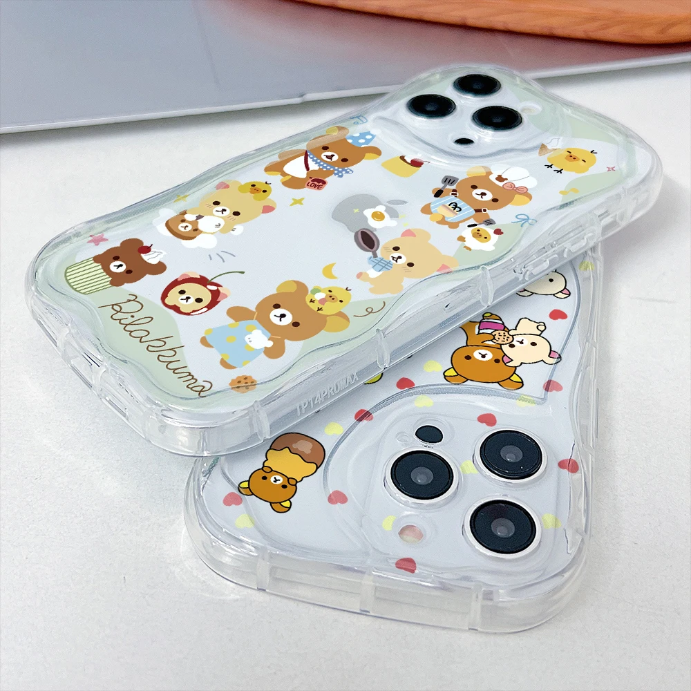 Cute Rilakkuma Bear Phone Case for iPhone 16 15 14 Plus 13 12 Mini 11 iPhone16 Pro Max X Xs XR 7 8 3D Creamy Wave Clear Cover