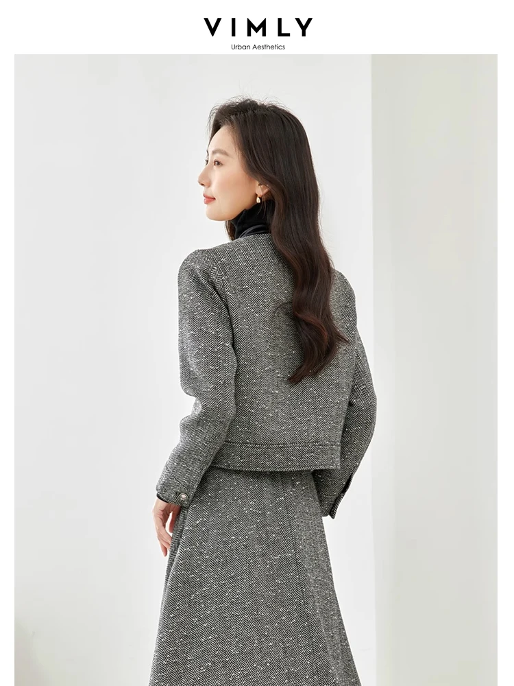 Vimly Spring Outfits Tweed Sets 2 Piece Skirt Suits Women 2024 Long Sleeve Jacket A-line Midi Skirt New in Matching Sets M3322