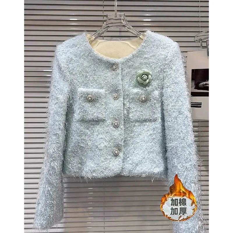 

LadiesSpring Autumn New Temperament Camellia Brooch Tweed Padded Round Neck Jacket With Cotton Single-Breasted Round Neck Jacket