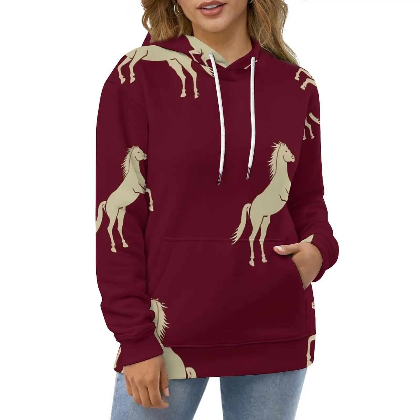 Gold Horse Hoodies Long Sleeve Animal Elegant Casual Pullover Hoodie Autumn Street Style Oversized Design Hooded Sweatshirts