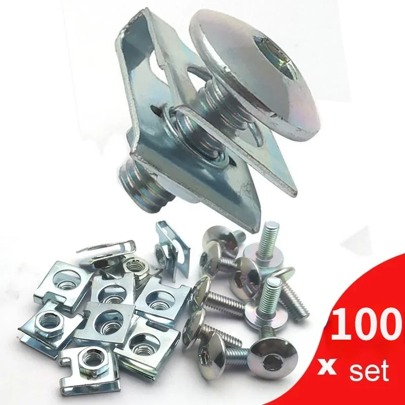 

100Set M6 Bolt Nut U Clips Fasterner Larg Flat Head Hex Screws 6mm M6X16 for Motorcycle Scooter ATV Moped Plastic Cover Plated