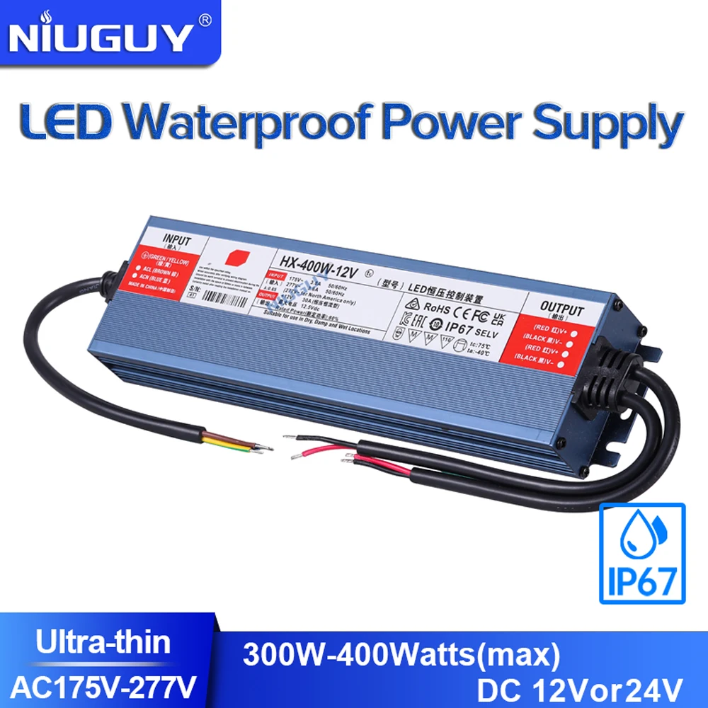 

Waterproof power supply IP67 lighting transformer AC175V~277V to DC 12V 24V LED driver 300W 400W outdoor adapter