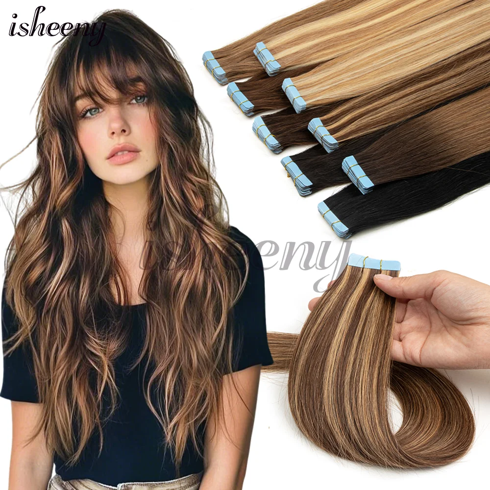 

Isheeny Natural Straight Tape in Human Hair Extensions 12-20 Inches Black Brown Blonde Hair Machine Remy Hair 20pcs 30g/pack
