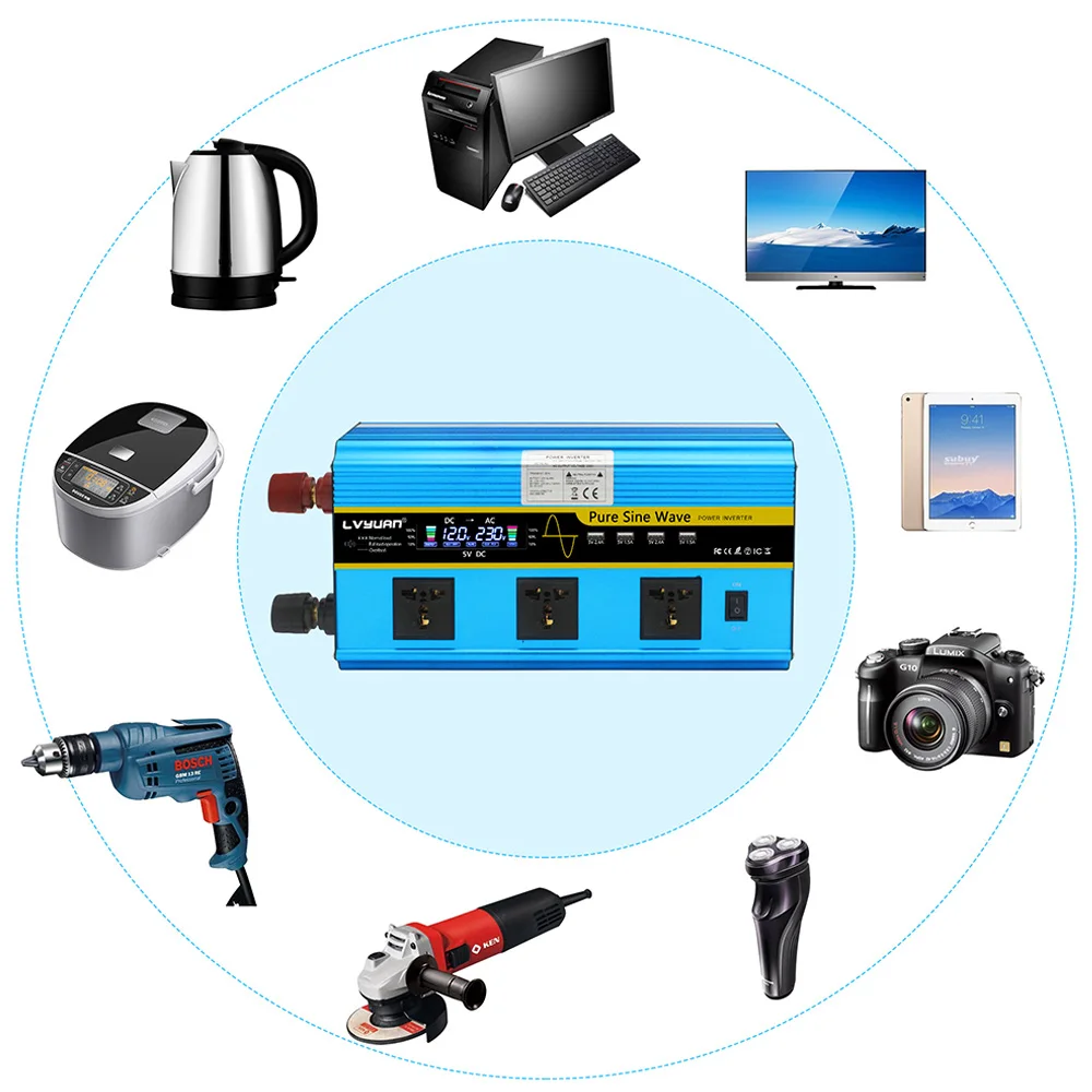 5000W Pure Sine Wave Power Inverter DC12V/24V to AC220V Car Voltage Converter 3AC Socket 4USB Port LCD For RV Camping Emergency