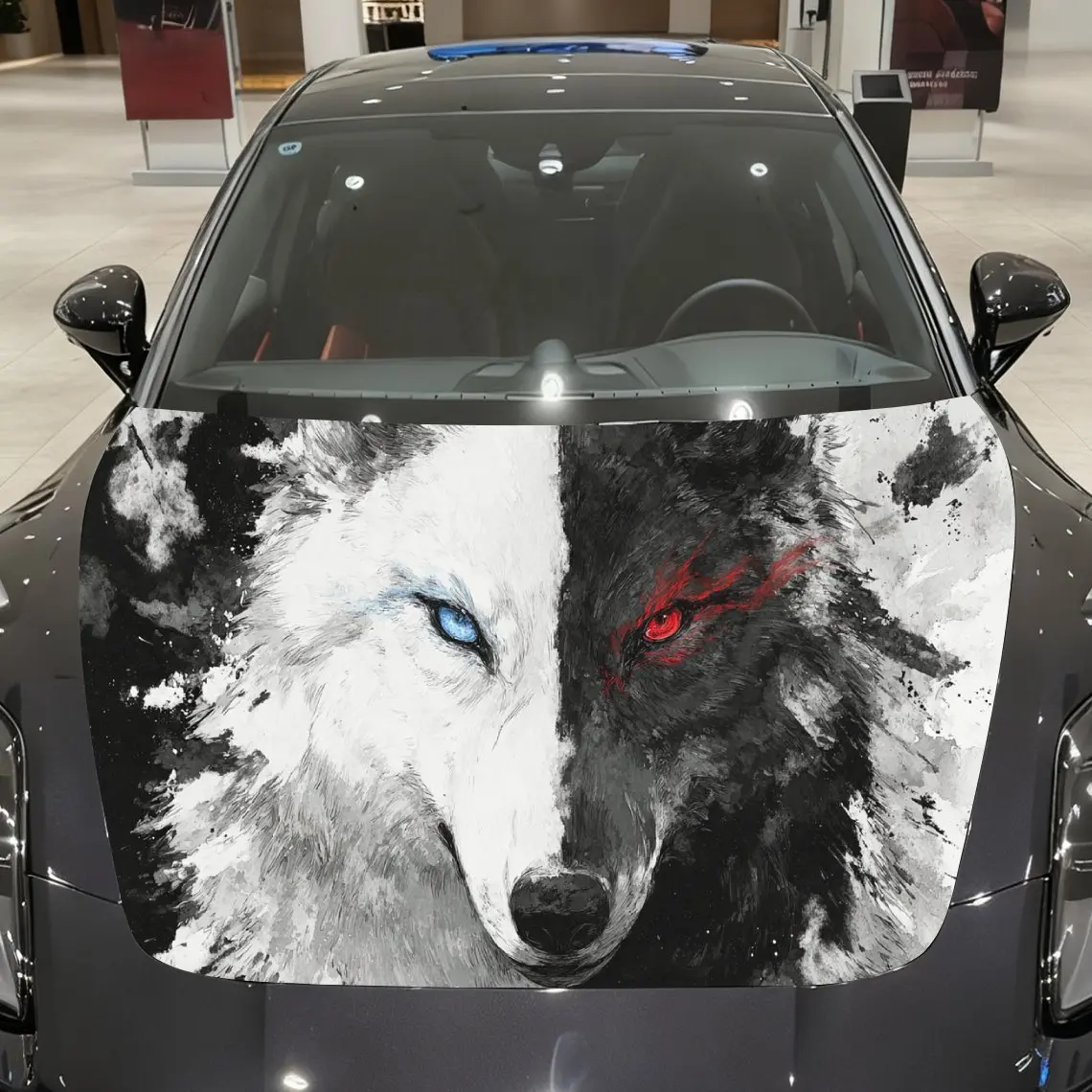 

Yin-Yang Twin Wolves Car Vinyl Wrap, PVC Material Waterproof Car Hood Sticker, Self-Adhesive Scratch-Resistant Stickers for Engi