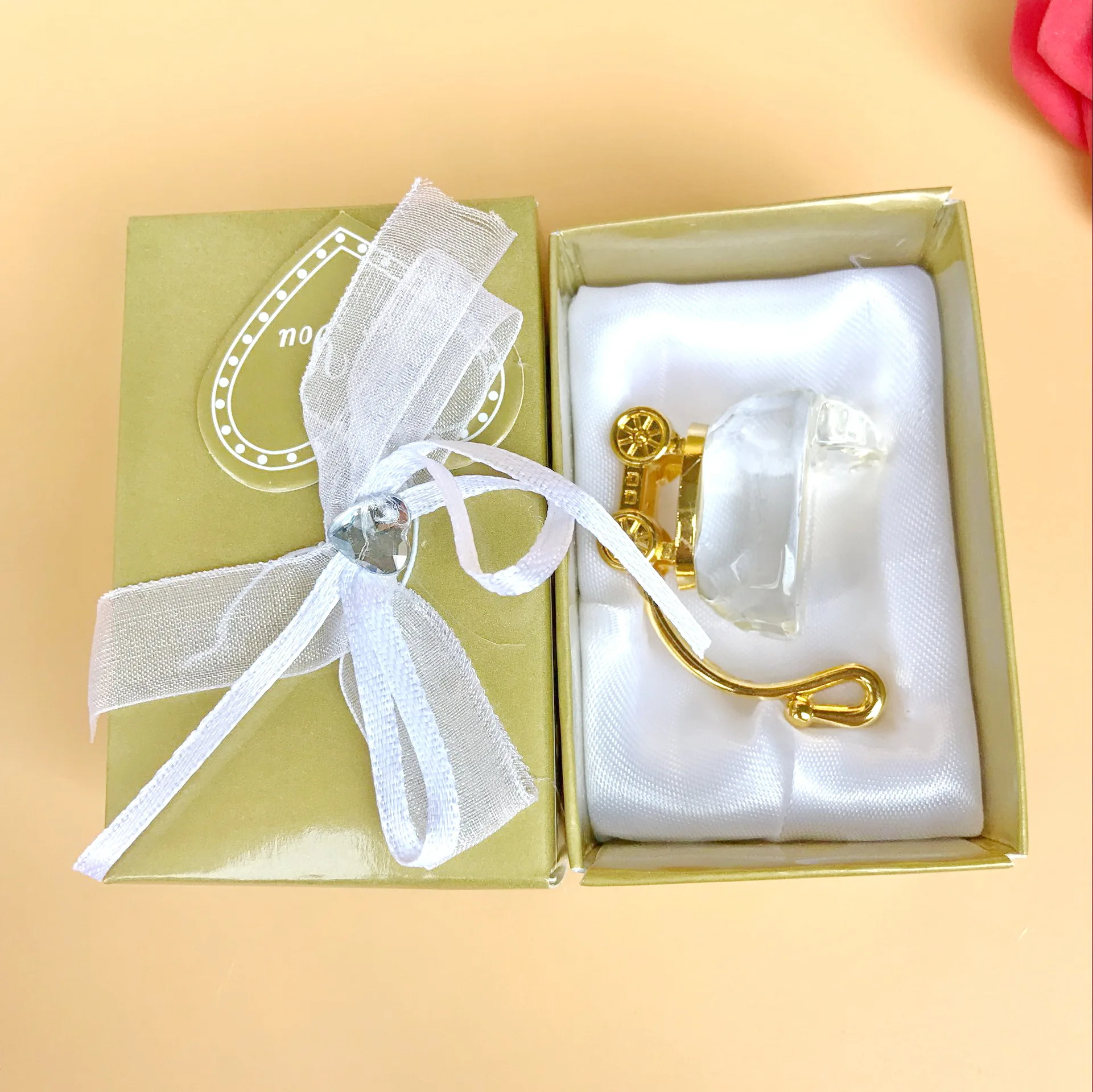 Gold Crystal Baby Carriage With Gift Box Packing Adorable Desktop Ornament Perfect For Baby Shower,Christening,Birthday 1-PCS