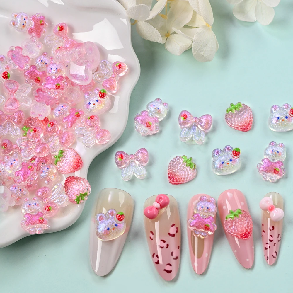 50pcs/bag Ins White Rabbit Nail Parts Strawberry Blush Bunny Shinny Mixed Nail Art Charms Girl Lovely Bowknot 3D Nail Decoration