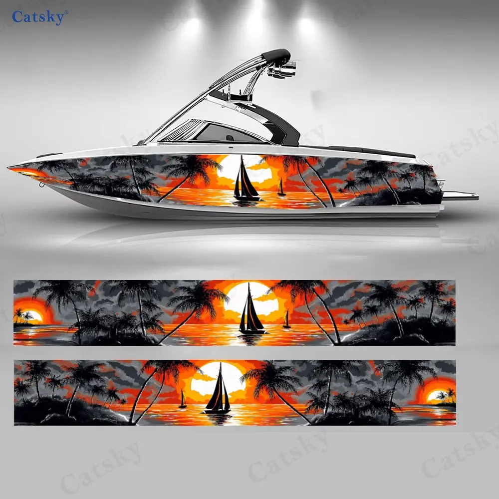 2Pcs Flame Sea Sailboat Silhouette Boat Stickers, PVC Waterproof Vinyl Wrap Decals for Fishing Boats, Durable and Stylish Design